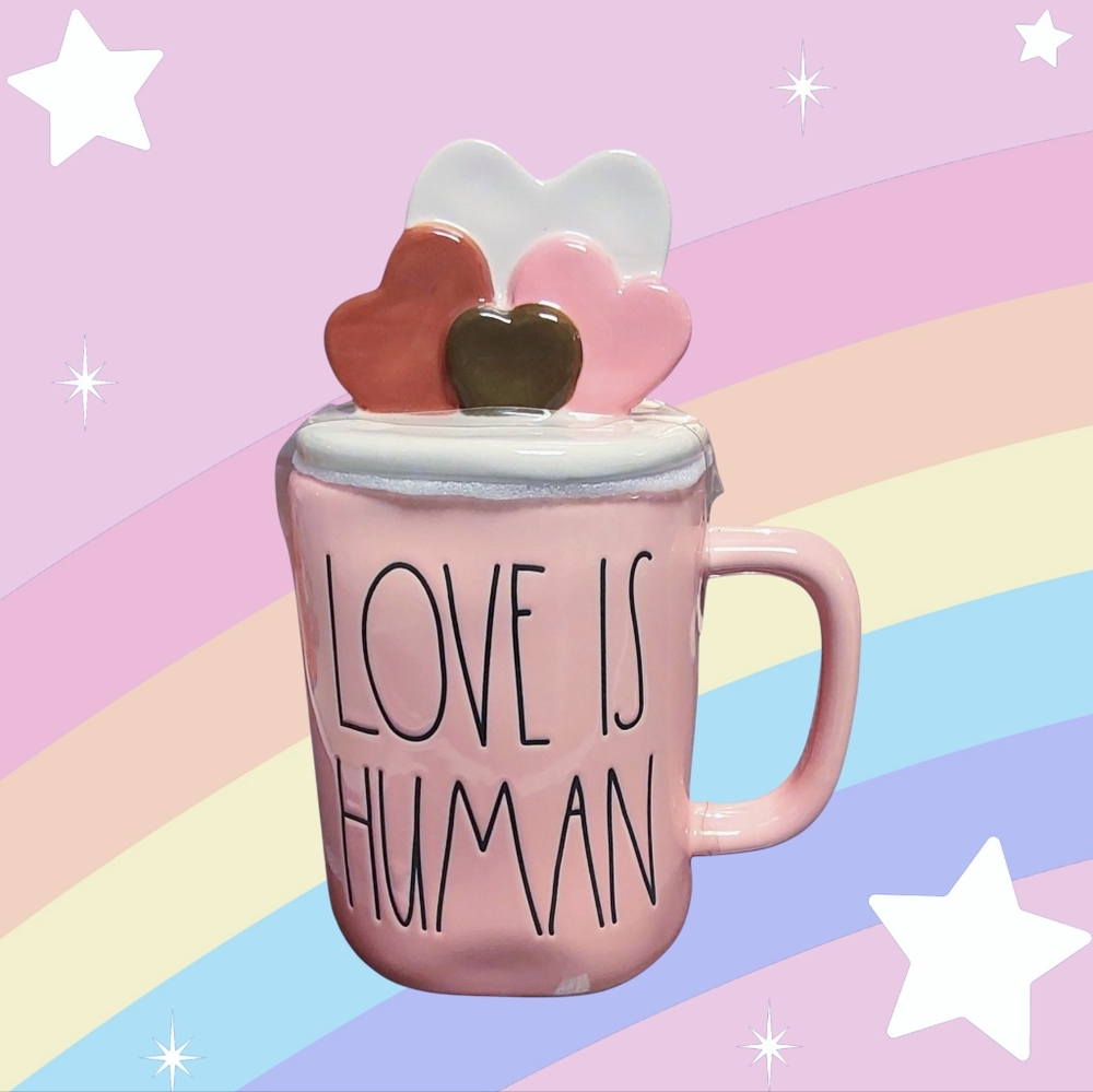 NWT Rae Dunn LOVE IS HUMAN Pink ♥️ Hearts Valentine Mug w/Topper